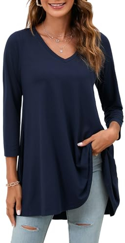 Enmain Women's Tunic Tops Long Sleeve Ladies Plus Size Tops 3/4 Sleeves V Neck Casual Baggy Blouses for Women Tunic to Wear with Leggings Navy Blue, 3XL