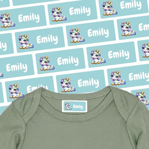 Namensschilder für Textilien, Rucksack & Mehr (81 Aufkleber) – Spülmaschinenfeste Namensetiketten mit Einhorn Motiv – Personalisierte Sticker mit Motiv – Waschfest – 30 x 13 mm