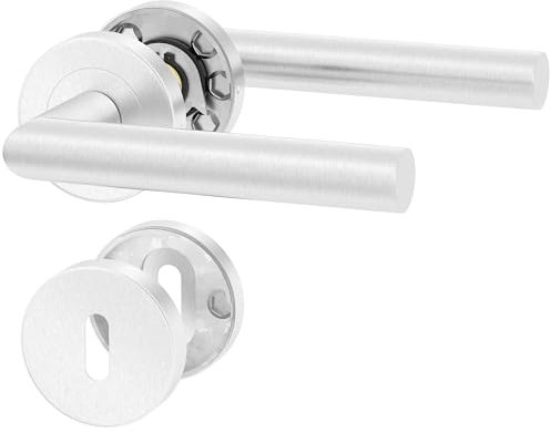 ERGO line NINA Edelstahl Türbeschlag für Zimmertüren L-FORM, Edelstahl, Rund-Rosette, Türgriff für Türen, Drückergarnitur, Türbeschlag, Türklinken Innentüren, Türdrücker