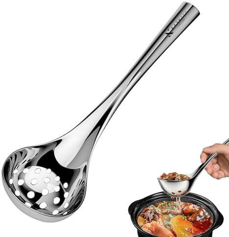 ycezw Cuchara para servir dividida, cuchara con agujeros, cuchara colador de acero inoxidable con mango largo, skimmers de cocina para cenas buffet, restaurantes, accesorios de cocina