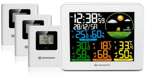 Bresser Väderstation Trådlös med utomhussensor 3 sensorer Thermo Hygro | Temperatur och luftfuktighet inuti utanför, 3 utomhussensorer, väderprognos, DCF-klocka, väckarklocka, 80 m räckvidd