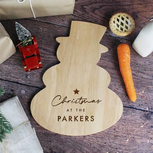 eBuyGB Personalised Snowman Cheese Board, Christmas at The Family Surname Serving Platter, Table Decoration & Display Plate, Charcuterie Board