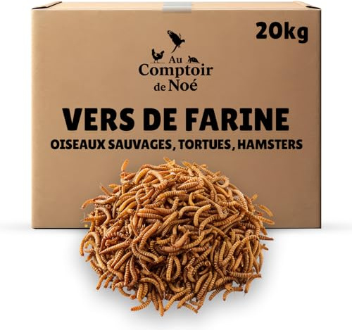 vers de Farine Séchés 20kg Au Comptoir de Noé, 100% Naturel, Riches en Protéines et Bonne Graisse, Alimentation pour Poissons, Oiseaux Sauvages, Tortues, Hérissons, Rongeurs et Reptiles