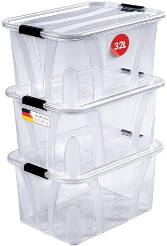 KONZEPT Aufbewahrungsbox mit Deckel (32L-3er Set), BPA-frei, robuster Verschlussclips