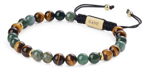 GAVU Bracciale da Uomo in Occhio di Tigre, Bracciale in Pietre Naturali da Uomo con Perline di Agata Muschiata e Chiusura Regolabile M-17cm