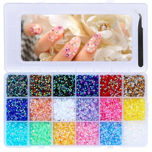 NVGFTG Set di 18000 strass 3 mmn 18 colori con brillantini colorati per unghie mini pietre per unghie con retro piatto di cristallo gelatina strass con pinzetta per unghie fai da te