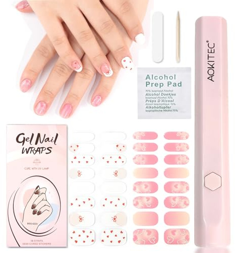 Aokitec Lot de 32 bandes d'ongles en gel semi-durcies avec lumière UV – Sans danger pour les ongles et gain de temps pour nail art avec lampe UV – Facile à appliquer et à enlever – Motifs cœurs