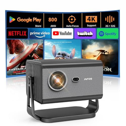 INFGO Smart Projector 800 ANSI, Native 1080P 4K-Supported WiFi 6 Bluetooth 5.4 Home Theater Projector with Auto-Focus & 360° Stand, Compatible with Smartphone/Laptop, black
