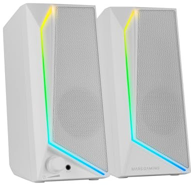 Mars Gaming MS72, Altavoces Gaming 15W, Iluminación RGB Flow, 2 Drivers Activos, Chipset DSP, Conexión Plug&Play USB y Jack 3.5mm, Rueda Control de Volumen y Puerto de Audio para Auriculares, Blanco