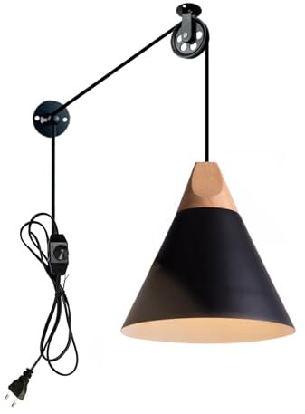 FSLiving Pendelleuchte mit Eisenschirm, Höhenverstellbare Pendelleuchte mit Umlenkrolle, steckerfertiger Kronleuchter mit 4 m CE-geschaltetem Dimmer-Steckerkabel, ohne Leuchtmittel, φ 22cm,Schwarz