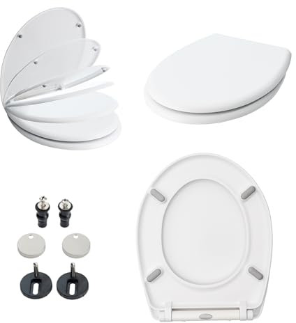Asato Toilettendeckel mit Absenkautomatik - WC Sitz aus Duroplast, Klobrille Weiß mit Befestigung 7–18 cm - Klodeckel mit Anti-Rutsch-Puffern, Antibakteriell - Toilettenaufsatz mit Montageset