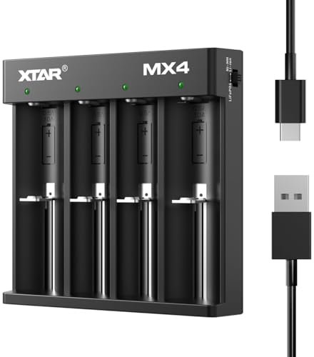 XTAR MX4 Chargeur de batterie universel pour AA/AAA – Chargeur intelligent pour batteries rechargeables 1,5 V Li-ion, 3,7 V Li-ion, 3,2 V LiFePO4 et 1,2 V Ni-MH avec détection automatique, USB-C
