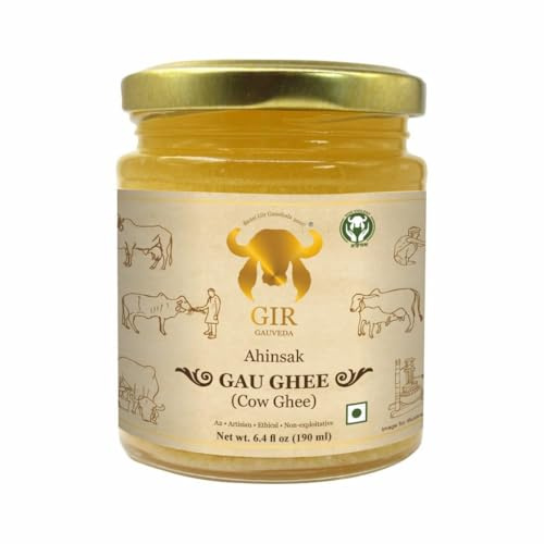 GIR GAUVEDA Grass Fed A2 Gir Cow Ghee 6.4 Oz (190 ML) | Clarified Butter | Non-GMO, Lactose-Free, Keto Friendly | Bilona Method | Ahinsak Gau Ghee