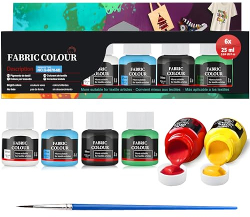 WEILAOK Fabric Paint, Pittura per Tessuti, Colori per Tessuti Permanenti, Colori per Stoffa, Colori Tessuti in Lavatrice per Abiti, Magliette, Jeans, Borse, Tela, 6 * 25ml + Pennelli