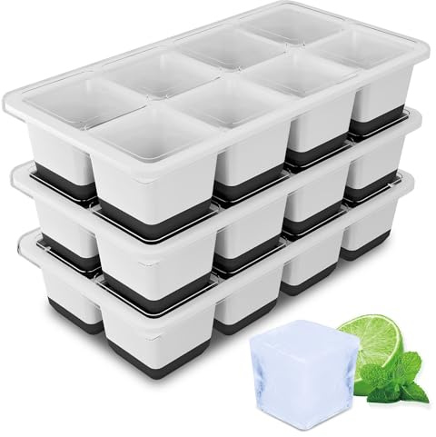 Eiswürfelform Groß, 3 Pack Große Eiswürfelbehälter mit Deckel, BPA-Freie Silikon Eiswürfelformen, 4,5cm Eiswürfel xxl für Whiskey, Cocktails und Getränke (Schwarz Silicone Ice Cube Tray)