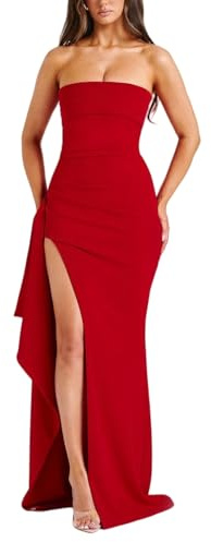 Zesoyne Maxi abito da donna senza spalline con orlo irregolare, spacco alto, increspato, elegante, per feste serali, casual, abiti lunghi, Rosso, XS