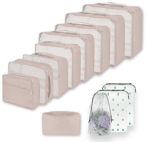 Große Koffer Organizer Set 12-teilig, Wasserdichte Packwürfel, Travel Organizer zum Gepäckpacken, Familienreisen, Aufbewahrung zu Hause Beige