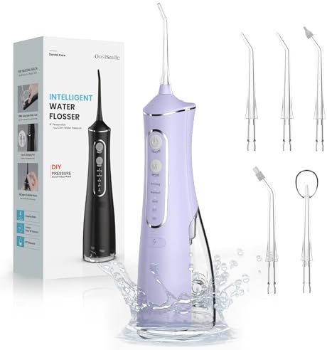 OasiSmile Jet Dentaire Hydropulseur, Irrigateur Oral avec 5 Buses Rotatives 360° 4 Modes, Favorise l’Hygiène Buccale, Étanche IPX7, Hydropulseur Portable 300 ML pour Maison et Voyage, Violet