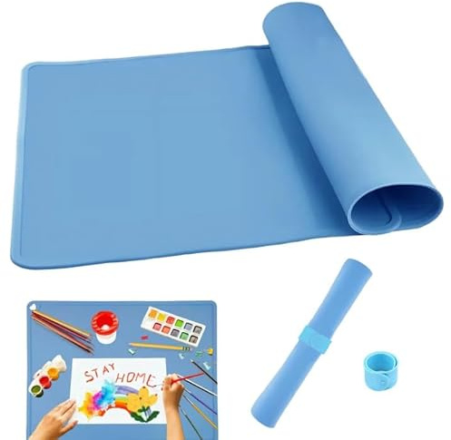 Malunterlage Für Kinder 60 X 40 cm, Bastelunterlage Kinder (Blau), Knetunterlage, Silikonunterlage, Langlebig und Leicht Zu Reinigen, Zum Basteln Geeignet, Kostenloser 1 Blauer Silikon-Popping-Ring