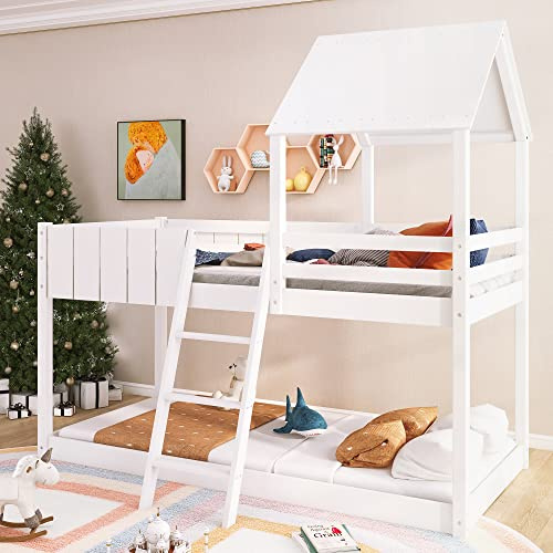 SURUEO Wooden Bunk Bed, Loft Bed with Ladder and Guard Rail, Mid-Sleeper Cabin Bed, 3 FT Single Treehouse Canopy, Shaped with Space-Saving Design for Children& Kids Home (White-90 * 190 cm)
