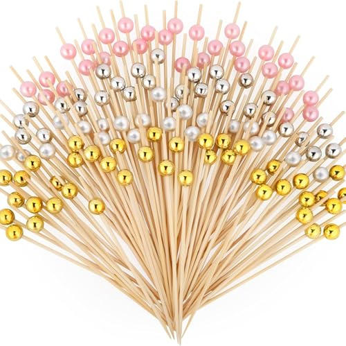 200 Pezzi Stuzzicadenti Cocktail 12 cm Bastoncini in Bambù con Perline in 4 Colori Stecchini per Aperitivo per Feste, Compleanni, Matrimoni, Bevande, Finger Food, Spiedini di Frutta, Hamburger, Panini