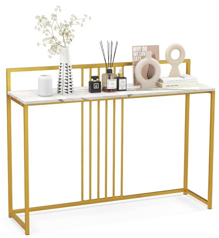 FANTASK Konsolentisch Marmor, Beistelltisch Schmal mit Gold Metallgestell, Multifunktionaler Flurtisch für Wohnzimmer Flur, 120 x 32,5 x 88cm (Weiß)
