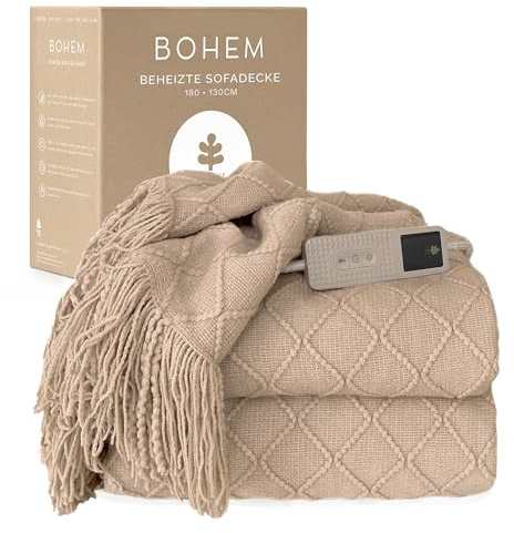 BOHEM elektrisk värmefilt 180 x 130 cm - 9 värmenivåer, 1–9 timmars timer, automatisk avstängning - stor beige uppvärmd filt, maskintvättbar för soffa och säng