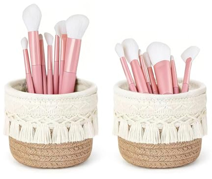 Gattregh 2 Stück Makramee Pinselhalter Kosmetik Set - Schminkpinsel Behälter aus Baumwolle mit Makramee-Muster, Boho Deko Körbe Aufbewahrung für Organizer Stiften, Bleistiften, Schminkpinseln