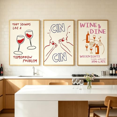 JANAGIN Illustrationen Leinwand Bilder 3er Set, Moderne Bilder Wohnzimmer, Restaurant Poster Set Hochformat, Wandbilder für Schlafzimmer Ohne Rahmen (Rotwein,40x50 cm)