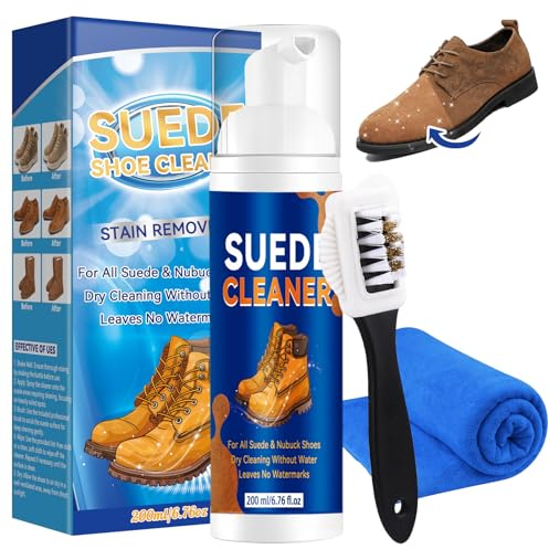 Auensten Suede Shoe Cleaner, 6.76 fl oz Suede and Nubuck Shoes Cleaner with Brush and Cloth, No-Rinse Foam Shoe Cleaning Kit, Removes Stains from Leather, Boots, Sneakers, Fabric (White)