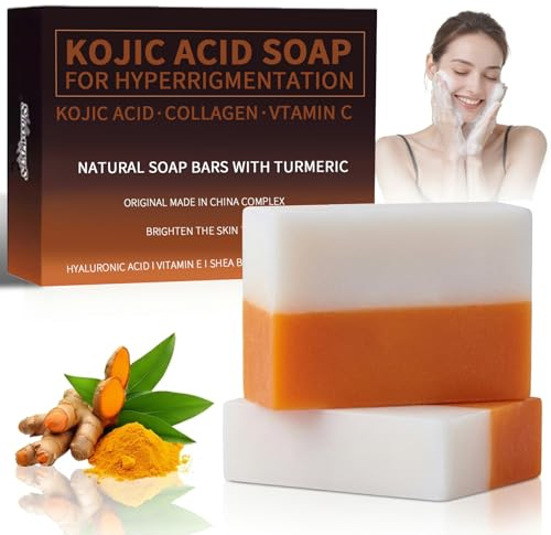 Jabón de Curcuma y Acido Kojico,Jabon de Curcuma Removedor de Manchas Oscuras para la Cara y el Cuerpo,Reduce Hiperpigmentación en Rostro y Cuerpo,Unificar el Tono Piel(100g x2 Pastilla)