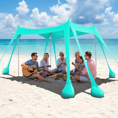 UV Strandzelt UPF50+, 3m x 3m Strandzelt Sonnenschutz Sonnensegel mit 8 Sandsäcken und 2 Sandschaufel, Aktualisieren & stabilisieren, Schutz Spandex Strand Zelt für Outdoor, Strand, Camping- Grün