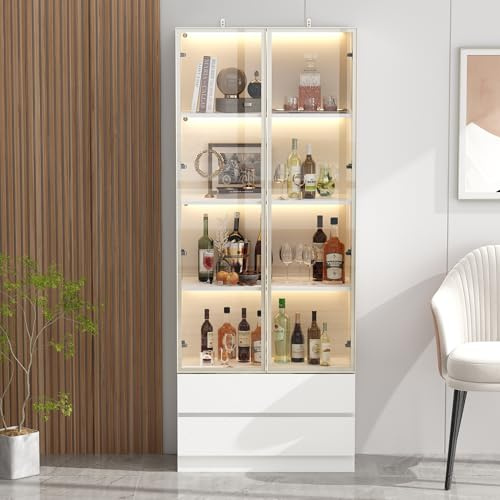 Weiße Vitrine 80 × 36 × 200 cm mit Glastüren & LED-Beleuchtung, Moderner Vitrinenschrank aus MDF, Hohes Standregal für Wohnzimmer, Esszimmer, Küche oder Büro – Stilvoll präsentieren statt verstecken