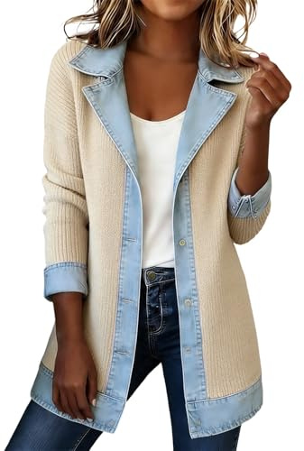 Generico Cardigan Da Donna In Denim Patchwork Con Colletto Jeans A Risvolto A Contrasto Cappotto Lungo In Maglia Giacca Primaverile Casual Per Tutti I Giorni E Il Tempo Libero (Beige, XL)