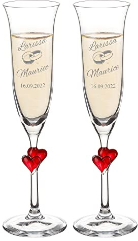 AMAVEL Copas de Champán de Vidrio con Grabado Personalizado y Corazones Rojos Set para Boda Motivo Anillos Altura 24,2 cm
