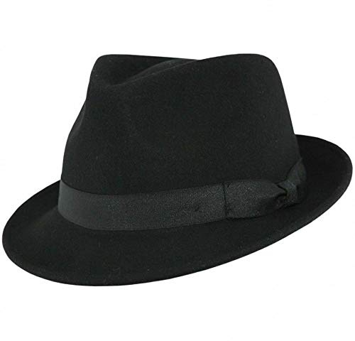 UK-Unique - Elegant 100% Wool Trilby Hat Waterproof & Crushable Handmade with Grosgrain Band (UK-Unique) (Black, Small 55 CM)