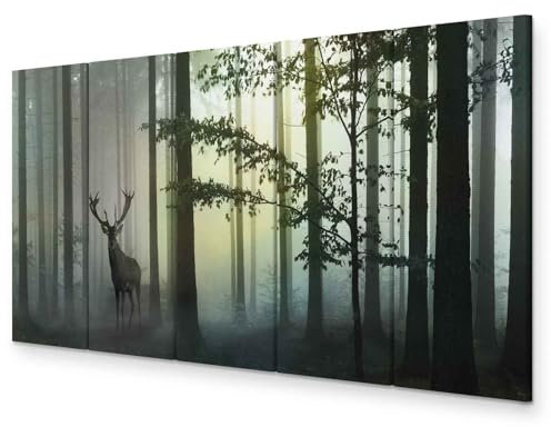 murando - Wandbilder XXL Wald 100x40cm 5 tlg - Wand Deko Leinwand Bilder Groß Wanddeko Wohnzimmer Schlafzimmer Kunstdrucke - Hirsch Natur c-C-0235-b-o
