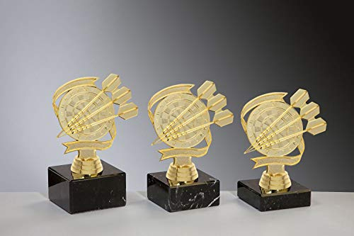 Henecka 🎯 Dart Pokal, Dart Trophäe, Schraubfigur 3 Dartpfeile und Dartscheibe Gold, Marmorsockel schwarz, mit Wunschgravur, wählbar in 3 Größen oder als 3er-Serie (Sockel 70 x 40 mm)