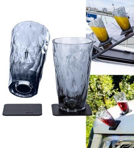 silwy® Hightech-Kunststoff-Magnet-Gläser inkl. Metall-Nano-Gel-Pads – rutschfeste Campinggläser, Boot- und Yachtzubehör (Longdrink // Grey // 0,3 l)