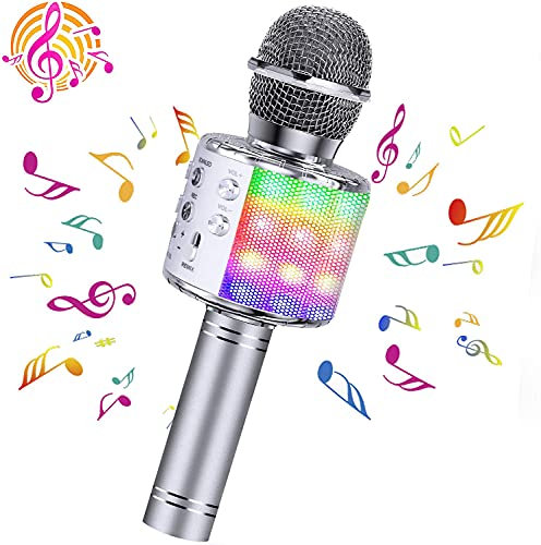 ShinePick Micrófono inalámbrico de karaoke, micrófono de grabación y canto 5 en 1 para niños y adultos, máquina de karaoke, micrófono Bluetooth para teléfono/almohadilla/TV (plateado)