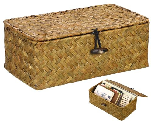 BESPORTBLE Aufbewahrungskorb mit Deckel - Lagerkorb Rattan Stroh Geflochten Wasser Hyazinthe Seagrass mit Deckel Lager Dekorative Box Make up Organizer Für Badezimmer
