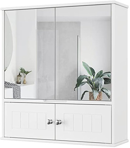 HOCSOK Spiegelschrank, Badezimmerschrank mit Spiegel, Hängeschrank mit 2 Spiegeltüren und 2 Holztüren, Verstellbaren Ablage, fürs Bad, Dusche Raum, Weiß, 60 x 17.5 x 55 cm