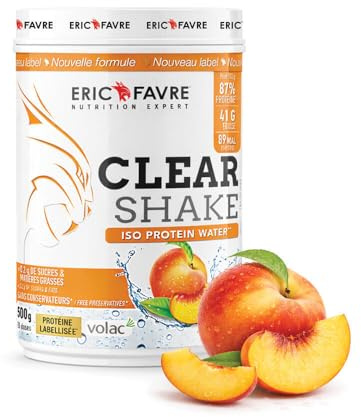 PROTEINES MUSCULATION Clear Protein Shake - Iso Protein Water - Rafraîchissant et Fruité - Boisson Protéinée - Qualité Certifiée - 500g - Saveur Pêche/Abricot - Eric Favre