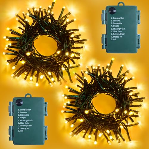Weecrestar 2 Pack Each 5M 60 LED Battery Operated Christmas Tree Lights | 8 Modes Indoor Outdoor Cluster String Lights with Timer Dark Green Wire Fairy Light Xmas Patio Bedroom (Warm White)