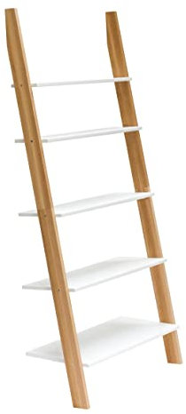 RAGABA ASHME Bücherregale Holzleiter-Regal 85cm Breit x 180 cm Höhe, FSC Eschenholz, Einfache Montage | Weiß