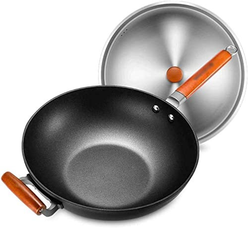 Wok Pan Wok con tapa, sartén de acero inoxidable, mango ergonómico, mano antiadherente, utensilios de cocina resistentes y duraderos little surprise