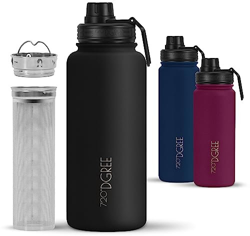 720°DGREE Edelstahl Thermo Trinkflasche 950ml “noLimit” +Früchtebehälter - Auslaufsicher, Kohlensäure geeignet, BPA-Frei - Isolierflasche mit Schraubverschluss für Sport, Outdoor, Fitness +Sportdeckel