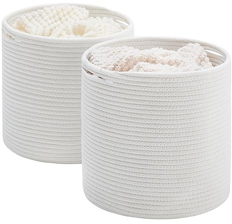 YOUDENOVA Korb Geflochten 2er Pack aus Baumwolle, Spielzeug Aufbewahrung für Kinderzimmer, Aufbewahrungskorb, Übertopf Korb für Wohnzimmer, Schlafzimmer 28(D) x28(H) cm, Weiß