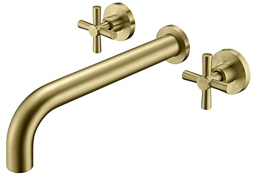 SUMERAIN Tub Faucet Wall Mount Tub Filler High Flow Bathtub Faucet Brushed Gold with Rough in Valve, Two Cross Handles
