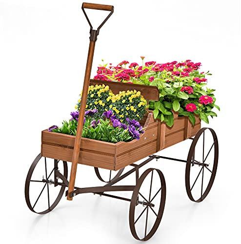 FLBT Wagon Garten-Pflanzgefäß, dekorativer Blumentopfständer mit drehbarem Griff und 4 Rädern, Blumenwagen aus Holz für drinnen und draußen für Park, Hinterhof und Terrasse (braun)